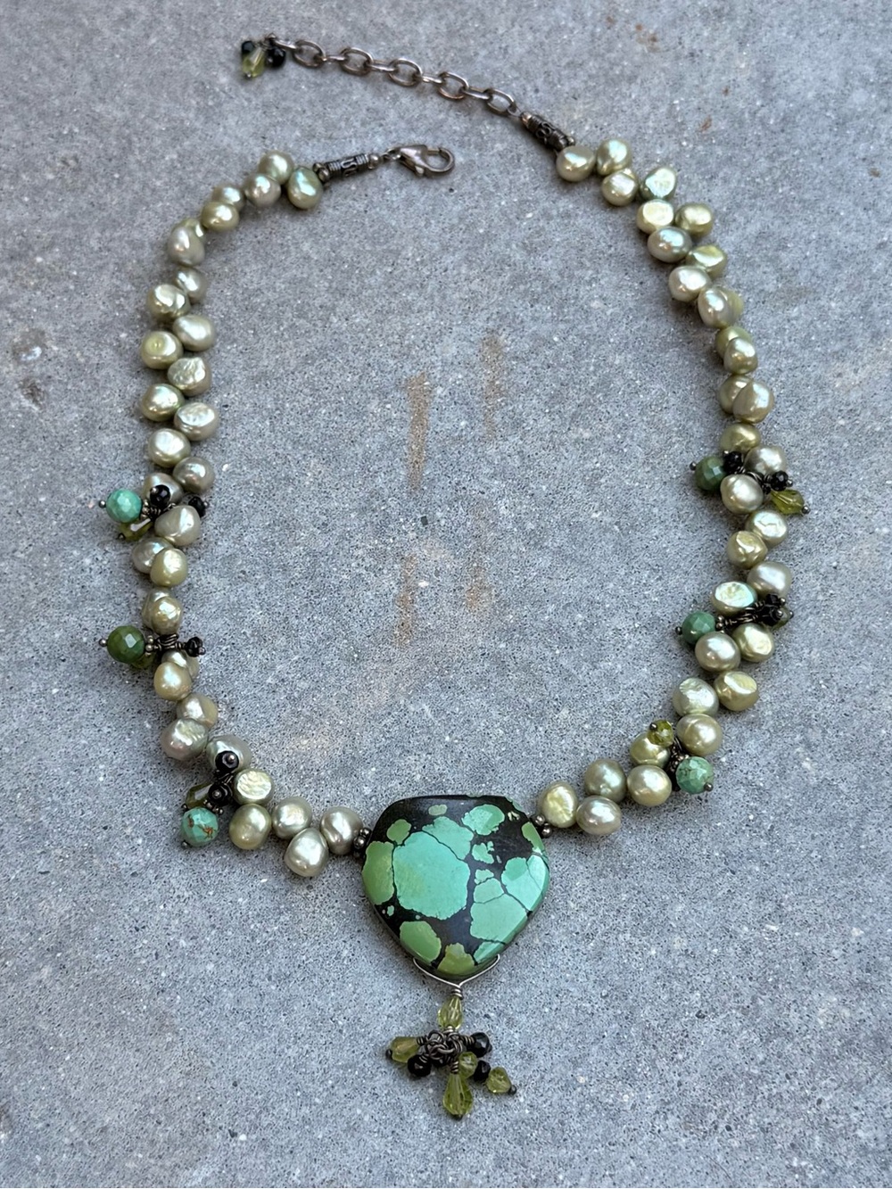 Vintage Green Turquoise Heart Pearl Necklace Tibetan